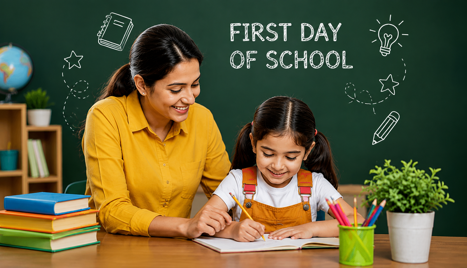 Teacher helping a child on the first day of school