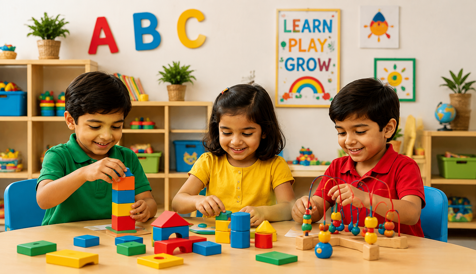 Children learning and playing in a kindergarten classroom